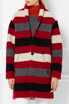 Color: soft black, darkened red, heather grey, snow white. Fiber content: 63 wool, 33% polyester, 4% other fiber. Width: 58"Elegant stripe and exclusive look! This boiled wool is your first choice to make a coat or jacket with Hollywood-star look. Get inspired by Isabel Marant's coat and jackets. Striped Coat, Shawl Collar Coat, Best Winter Coats, Boucle Coat, Cool Coats, Etoile Isabel Marant, Blanket Coat, Print Coat, Long Sleeves Coats