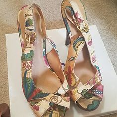 Like Brand New. Worn One Time. Has Shiny Gold Bucket And Studs On The Side. Perfectcl Condition. Steve Madden Tumbled Floral Peep Toe Platform. 4 Inch Heel Plus 1.5 Platform. Spring Fabric Open Heel Heels, Beige Open Toe Fabric Heels, Beige Fabric Open Toe Heels, Casual Beige Fabric Heels, Beige Fabric Heels For Spring, Vintage Multicolor Sandals For Spring, Multicolor Fabric Open Toe Heels, Shoes Steve Madden, 4 Inch Heels