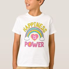 a young boy wearing a t - shirt that says happiness is power