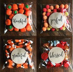 four bags filled with candy and candies that say grateful, grateful, thank you