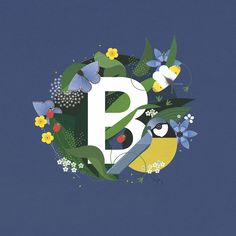 the letter p is for betty surrounded by flowers and butterflies on a dark blue background