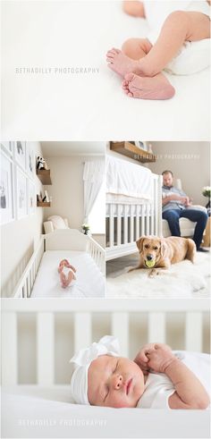 a baby laying on top of a white bed next to a dog and a man