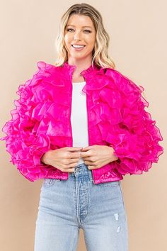 Tiered ruffle organza jacket with a full front zipper. Perfect to be the center of attention, definitely a statement piece. Spring Long Sleeve Outerwear With Ruffles, Fitted Spring Outerwear With Ruffles, Pink Ruffled Long Sleeve Outerwear, Chic Spring Nylon Outerwear, Chic Nylon Outerwear For Spring, Chic Party Outerwear With Zipper Closure, Trendy Long Sleeve Outerwear With Ruffles, Organza Jacket, Party Jacket