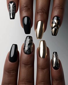 Default Four slender fingers with dark rich skin tone adorned 1 Nail Crystal Designs, Tuxedo Nails, Matte Black Nails