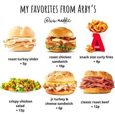 the different types of sandwiches and fries are shown in this poster, which includes an image of