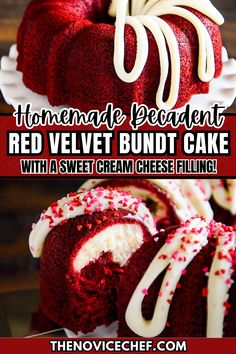 red velvet bundt cake with a sweet cream cheese filling is the perfect dessert for valentine's day