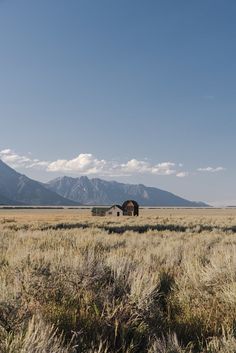 an open field with mountains in the background