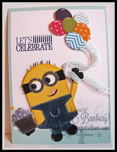 a close up of a greeting card with a minion holding a hot air balloon