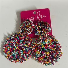 Brand New Seed Bead Earrings From Jess Lea. Never Been Worn. Multicolor Heart Beads Jewelry For Party, Large Beads Earrings For Party, Large Beads Party Earrings, Multicolor Beads For Summer Parties, Party Earrings With Large Beads, Colorful Beaded Dangle Earrings, Party Earrings With Colorful Beads In Round Shape, Trendy Earrings With Colorful Beads, Fun Beaded Earrings For The Beach