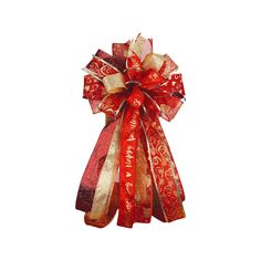 a red and gold bow on a white background