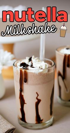 nutella milkshake with whipped cream and chocolate toppings in a glass cup