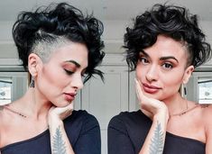 Short Undercut Curly Hair, Funky Curly Short Hair, Curly Half Shaved Hair Short Hairstyles, Half Shaved Hair Short Curly, Curly Pixie Hairstyles Round Faces, Short Curly Undercut Women, Curly Side Shave, Side Shave Curly Hair Short, Curly Mohawk Women