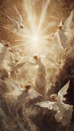 an image of angels flying in the sky with sunbeams above them and clouds below