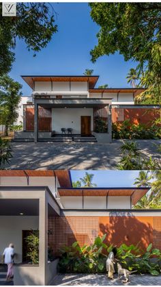 two pictures of the outside of a house with trees and people walking around it in front of