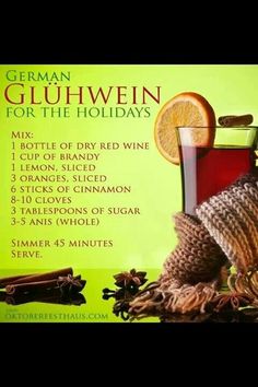 an advertisement for german gluhwein for the holidays with orange slices and cinnamons