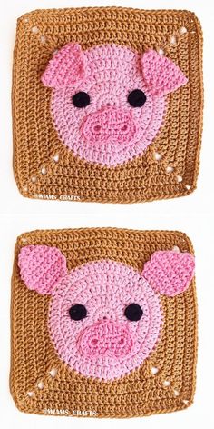 two crocheted pig coasters are shown in pink and brown, with black eyes