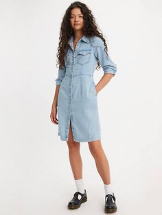 With classic Levi's® style and a western edge, our Otto Western Mini Denim Dress features a timeless button-up front, long sleeves, two chest pockets and a mini length. A western-inspired dress With a mini length Features a button-up front Finished with two chest pockets Western Denim Dress, Denim Dress Style, Mini Denim Dress, Western Dress, Western Dresses, Inspired Dress, Denim Dress, Blue Dresses, Dress Skirt