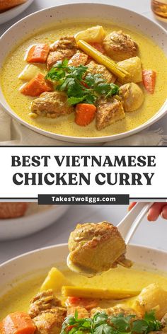 the best vietnamese chicken curry recipe is served in a white bowl