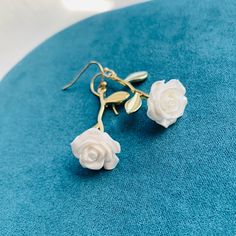 White Rose Flower Gold Plated Dangle Drop Earrings, Handmade Earrings, Gift for Her White Flower Earrings For Valentine's Day, Elegant Rose Earrings With Ear Wire, Elegant Rose Dangle Earrings, Rose Flower Drop Earrings For Gifts, Delicate Rose Earrings For Gift, White Flower Earrings With Rose Design, White Flower-shaped Earrings With Rose Design, Rose Color Flower Drop Earrings, White Rose Flower