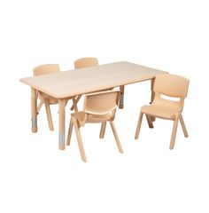 a wooden table and four chairs on a white background