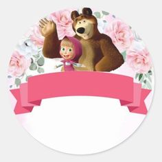 a cartoon bear and girl with pink flowers on a round sticker, which has a ribbon in front of it