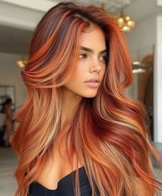 Dark Calico Hair, Subtle Fall Hair, Dark Red Hair Color Ideas, Fire Ombre Hair, Vibrant Highlights, Natural Hair Fall, Red Hair Colors, Calico Hair, Red Orange Hair