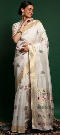 White and Off White color Saree in Silk fabric with Thread, Weaving, Zari work Thread Work Saree, Lehenga Crop Top, Silk Banarasi Saree, Silk Weaving, Modern Saree, Designer Sarees Collection, White Saree, Half Sleeve Blouse, Banarasi Silk Saree