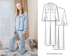 Pyjama Sewing Pattern Sleepwear Patterns Women's PDF | Etsy Pyjama Sewing Pattern, Elastic Waist Skirt Pattern, Wrap Dress Sewing Patterns, Hoodie Sewing Pattern, Wrap Skirt Pattern, Formal Dress Patterns, Pijamas Women, Long Dress Patterns, Knit Dress Pattern