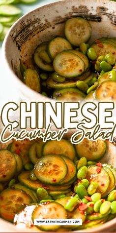 chinese cucumber salad in a bowl with the title above it