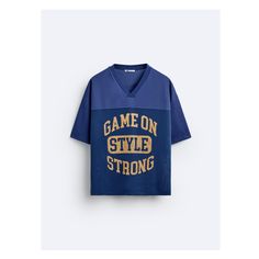 TEXTURED MESH TEXT T-SHIRT Blue V-neck Athleisure Top, Sporty V-neck Top With Letter Print, Blue Athleisure Tops With Letter Print, Sporty V-neck Graphic Print T-shirt, Blue V-neck T-shirt With Graphic Print, Sporty Blue Tops With Text Print, Sports Graphic Print V-neck Top, V-neck Sports Tops With Graphic Print, Summer Letter Print Jersey T-shirt