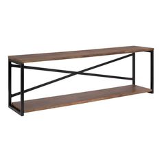 an iron and wood shelf with two shelves on one side, against a white background