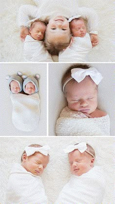 four different shots of babies sleeping in blankets and on the floor with their hands together