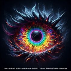 an eyeball is shown with colorful lights in the iris