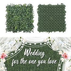 the wedding sign is made out of artificial grass and surrounded by white flowers, with greenery behind it