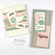 two handmade birthday cards with tags on them