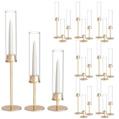 a set of six candles with gold bases and one candle holder on each side, all in different sizes