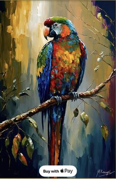 a painting of a colorful parrot perched on a branch