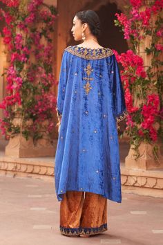 Blue straight kurta with tribal embroidery using beads, cutdana. Paired with a contrast salwar with embroidered hem. - Aza Fashions Bohemian Blue Raw Silk Traditional Wear, Unstitched Bohemian Blue Traditional Wear, Blue Bohemian Traditional Wear With Zari Work, Blue Dabka Dupatta For Reception, Blue Bohemian Traditional Wear For Festive Season, Festive Bohemian Blue Traditional Wear, Blue Bohemian Salwar Kameez With Traditional Drape, Bohemian Blue Kurta For Festive Occasions, Blue Bohemian Traditional Wear With Resham Embroidery