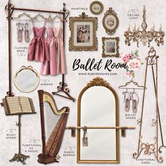 an assortment of items that include mirrors, harps, and other decorative objects on a white background