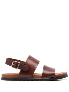 cognac brown leather buckle-fastening slingback strap branded leather insole open toe flat rubber sole