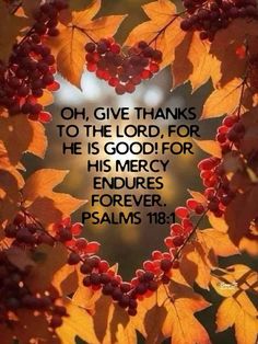 a heart made out of leaves and berries with the words, give thanks to the lord for