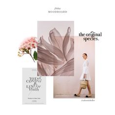 a woman in white dress walking past a flower and magazine cover with the title'the original species '