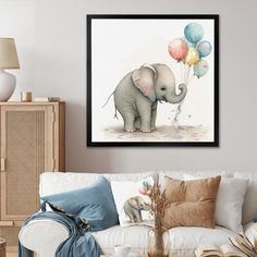 an elephant is holding balloons in the living room