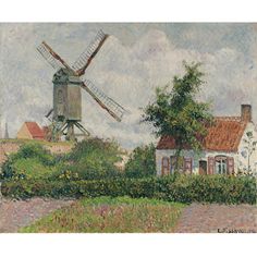 a painting of a windmill on the side of a road next to trees and bushes