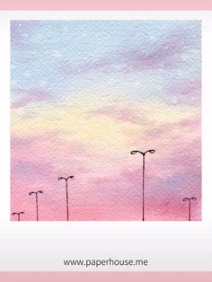 watercolor painting of street lights against a pink and blue sky with the words paperhouse me