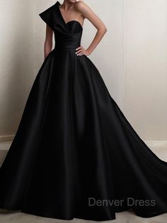 A-Line One-Shoulder Sweep Train Satin Prom Dresses For Black girls With Ruffles Elegant Off-shoulder Ball Gown, Elegant Black Off Shoulder Dress For Wedding, Elegant Black Off-shoulder Dress For Wedding, Black Off-shoulder Wedding Dress, Black Off-shoulder Dress With Sweep Train, Black Off-shoulder Gown With Sweep Train, Prom Dresses With Ruffles, Plus Size Party Wear, Dresses With Ruffles