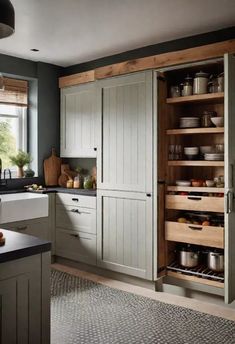 an open cabinet in the middle of a kitchen