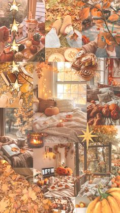 a collage of photos with pumpkins, leaves and other things in them that are all over the place