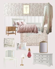 a bedroom with pink and white decor on the walls, bed, dresser, mirror, lamp