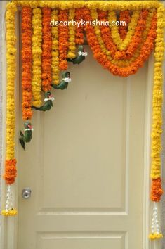 Home Door Flower Decoration, Flower Decoration For Door, Gruhapravesam Decoration Ideas Usa, Gruhapravesam Decoration Ideas, Diwali Decoration Lights, Door Flower Decoration, Home Flower Decor, Ganpati Decoration At Home, Janmashtami Decoration